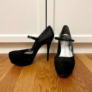 Black Guess suede and leather Mary Jane platform heels